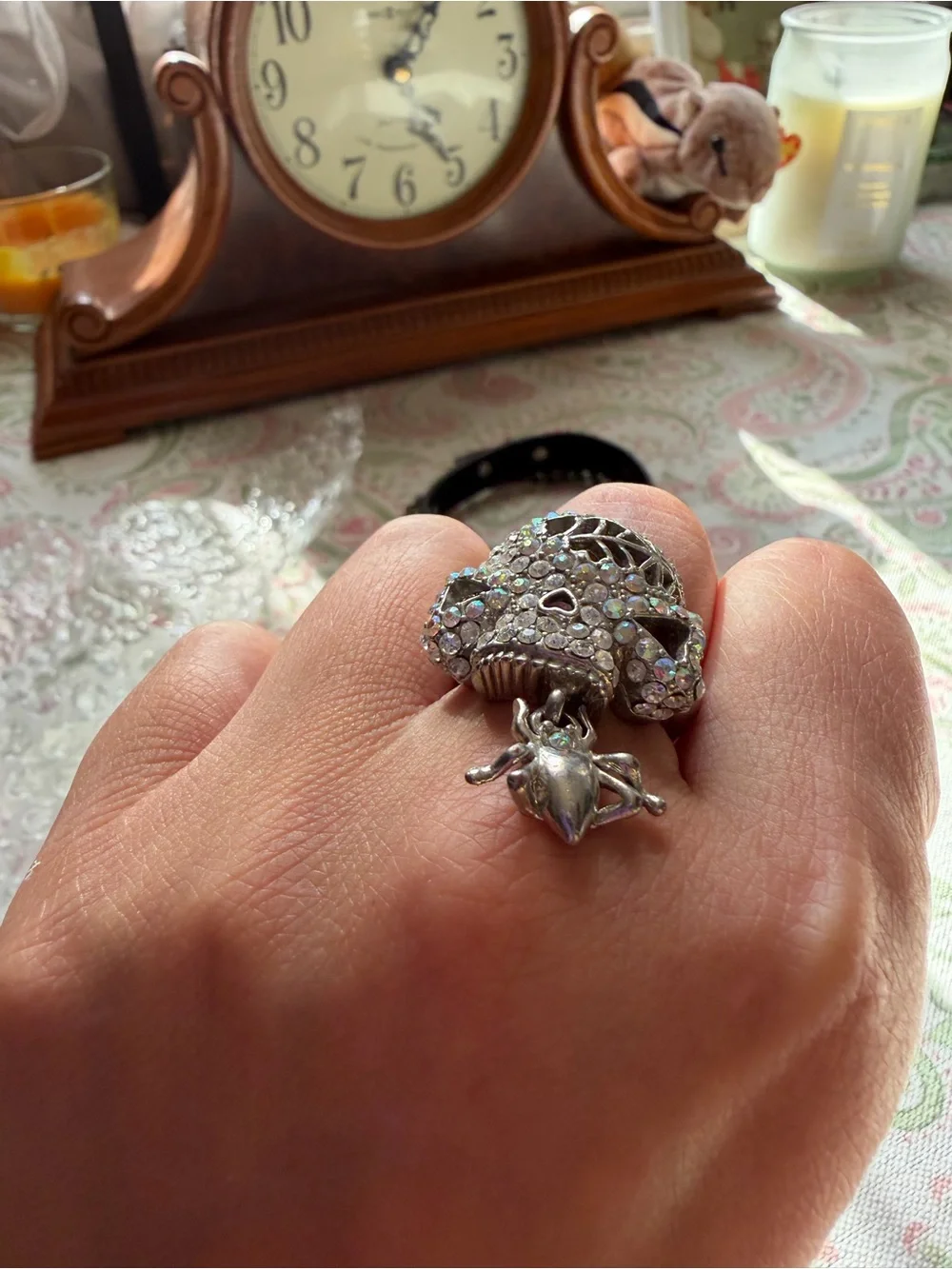 Crystal Rhinestone Silver Tone Skull and Spider Statement Ring Edgy Goth